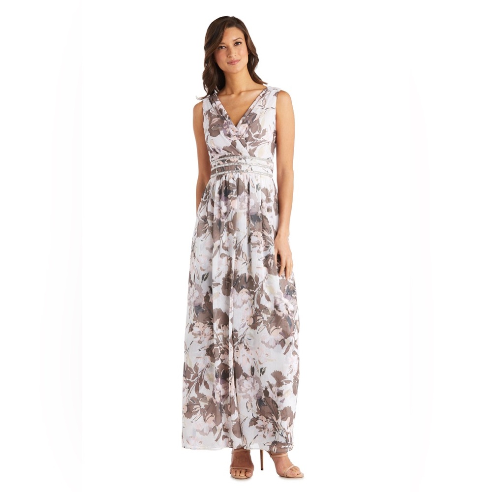 R&M Richards Floral Sleeveless Gown Dress Size 12P Petite Bejeweled Empire Waist